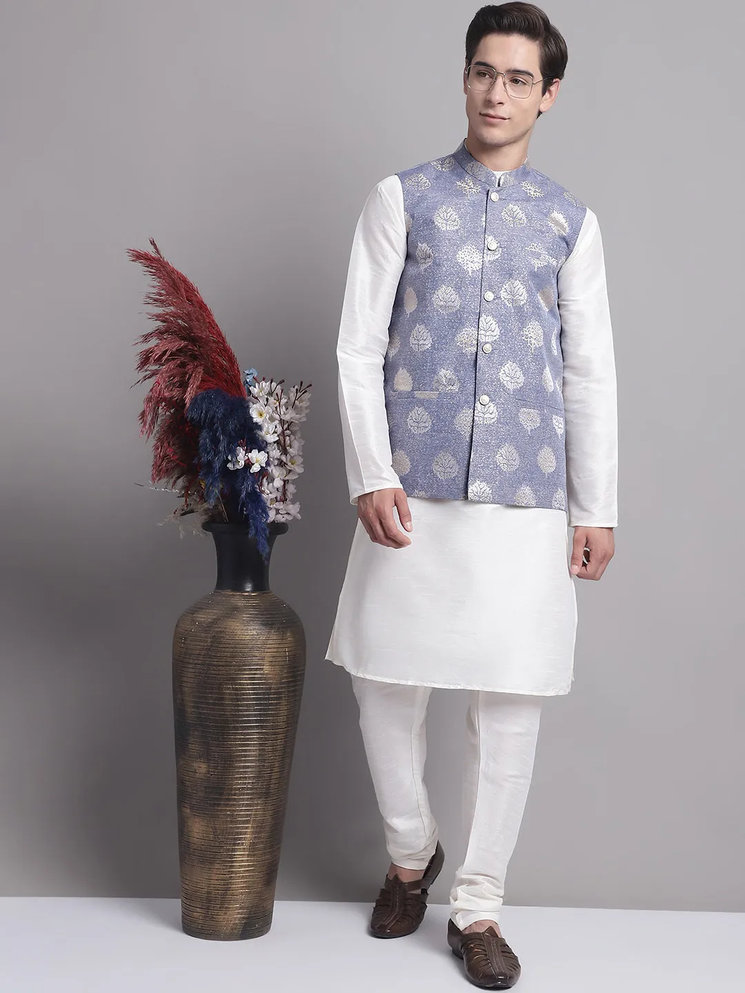 Men'S Blue And Golden Printed Nehru Jacket