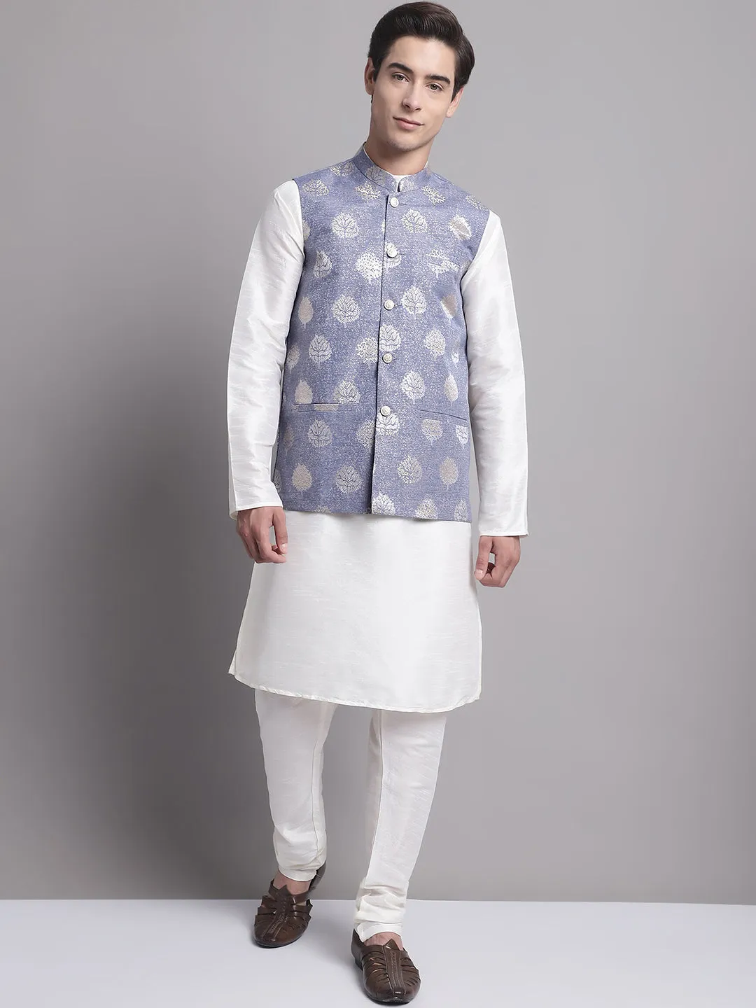 Men'S Blue And Golden Printed Nehru Jacket