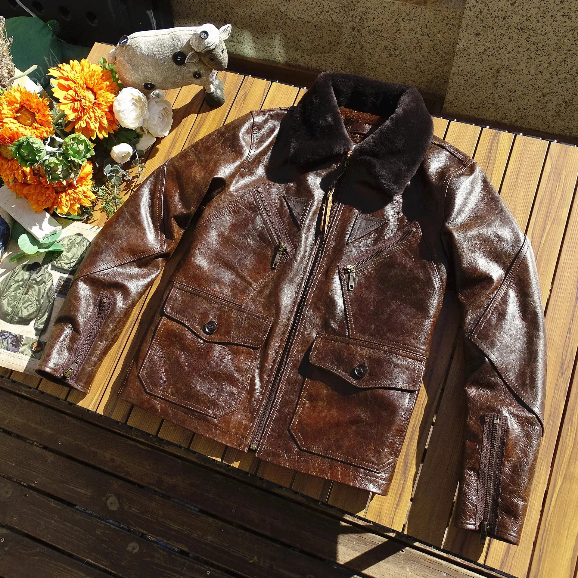 Men's Leather Flight Jacket - Chocolate Military Style Vintage Coat