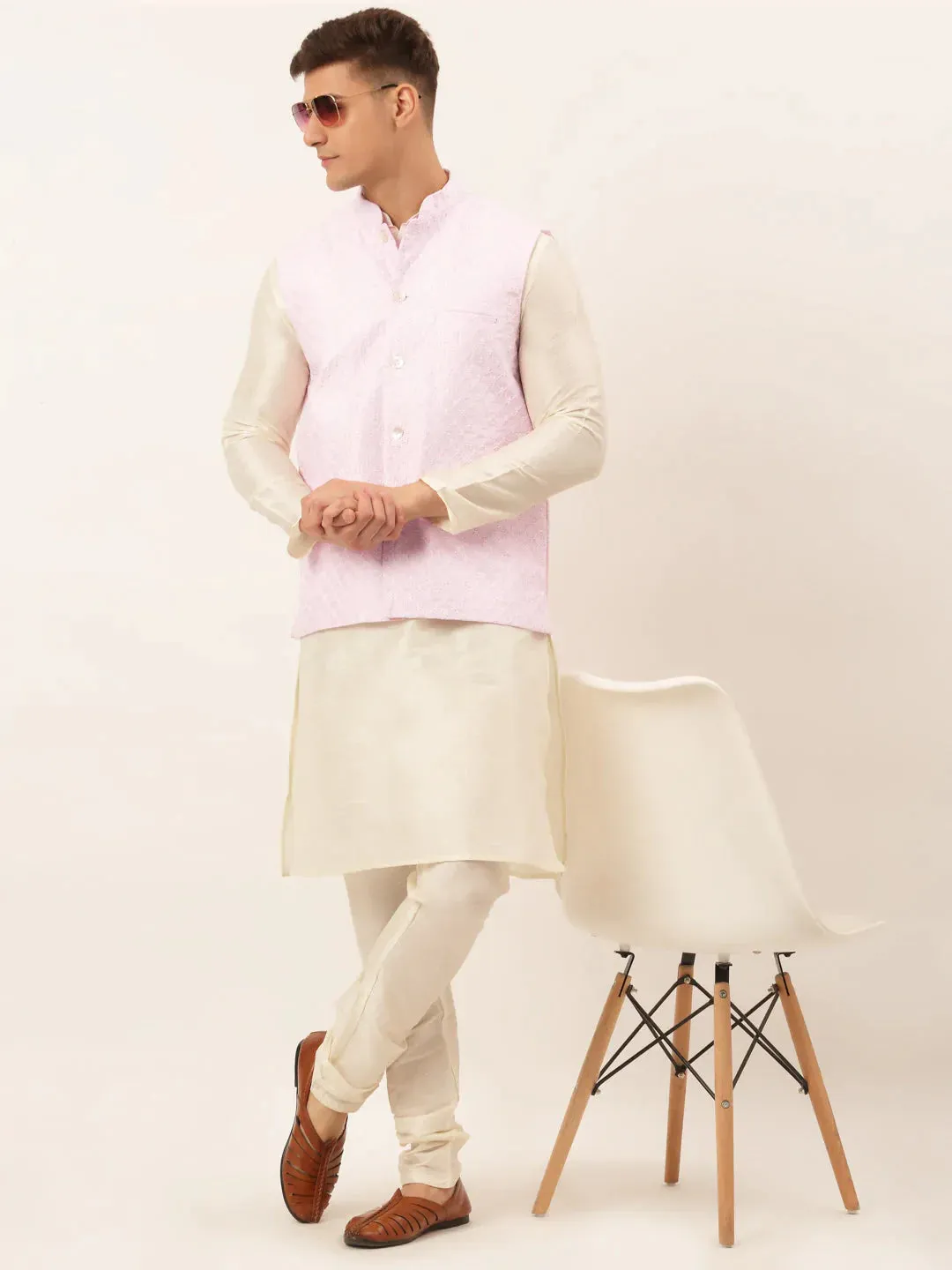 Men'S Pink Pink And White Embroidered Nehru Jacket