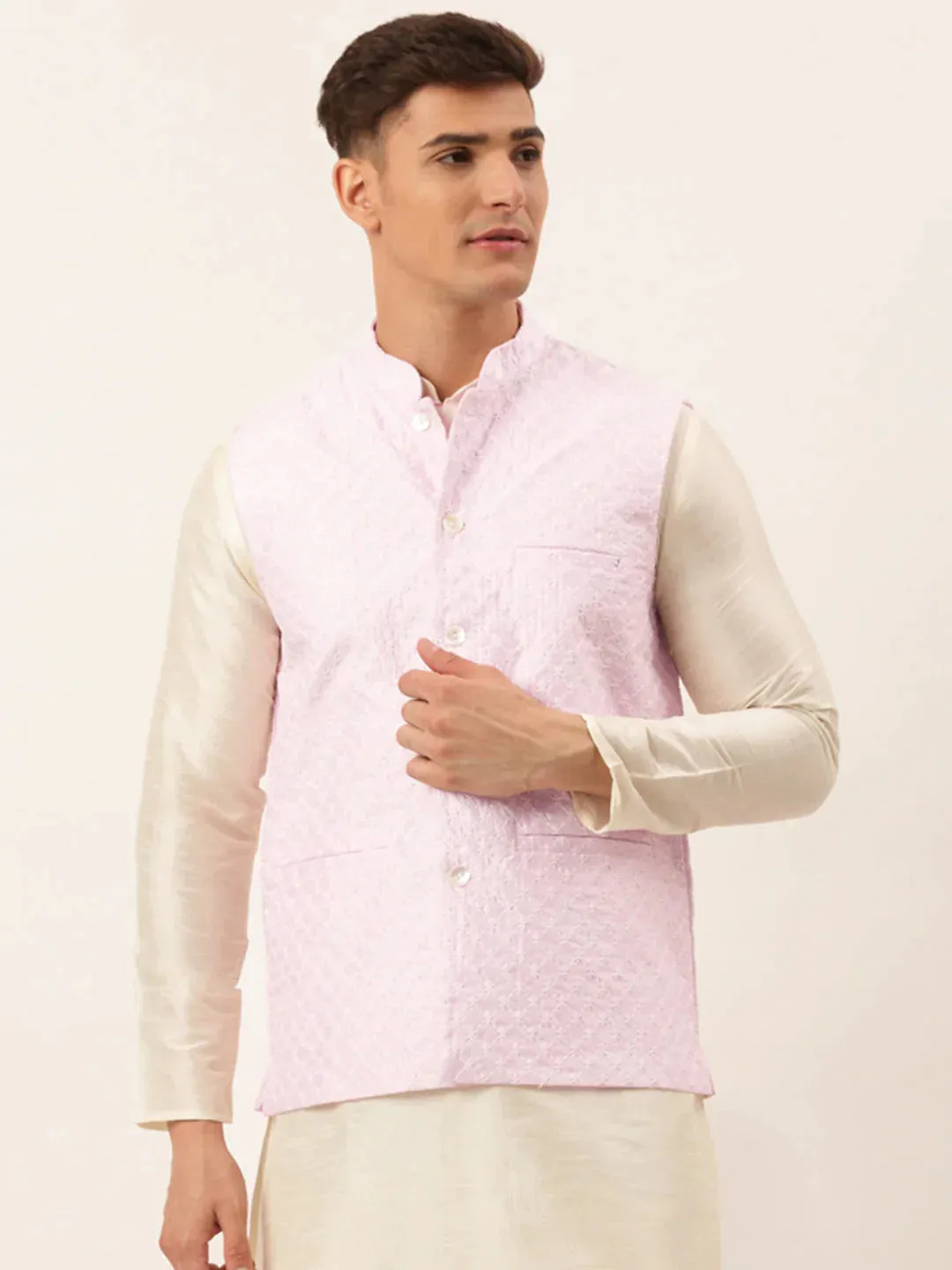 Men'S Pink Pink And White Embroidered Nehru Jacket