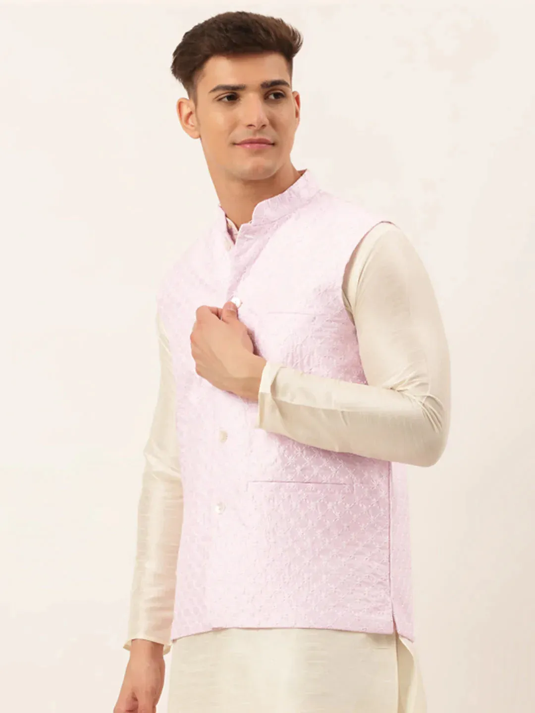 Men'S Pink Pink And White Embroidered Nehru Jacket