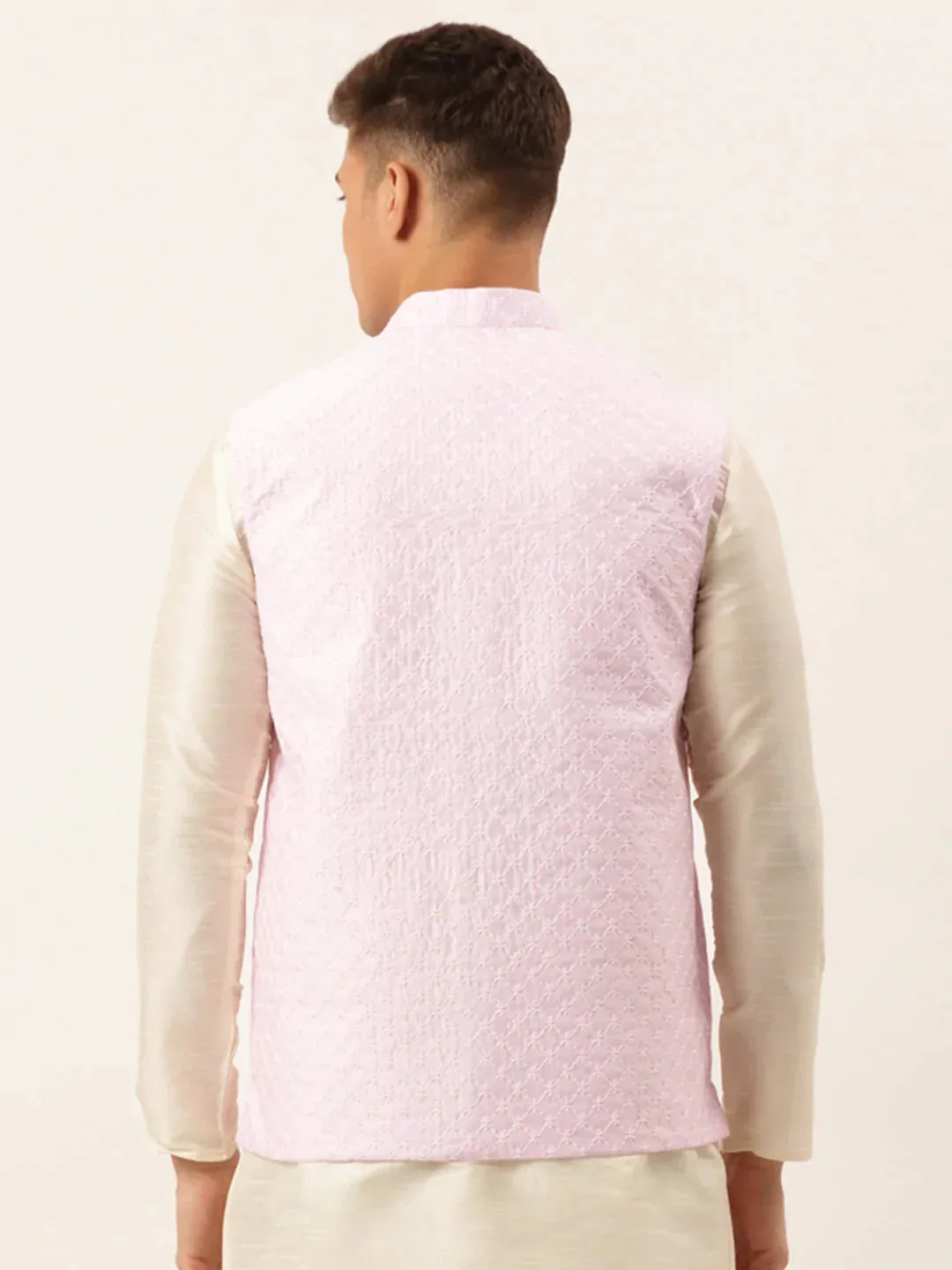 Men'S Pink Pink And White Embroidered Nehru Jacket