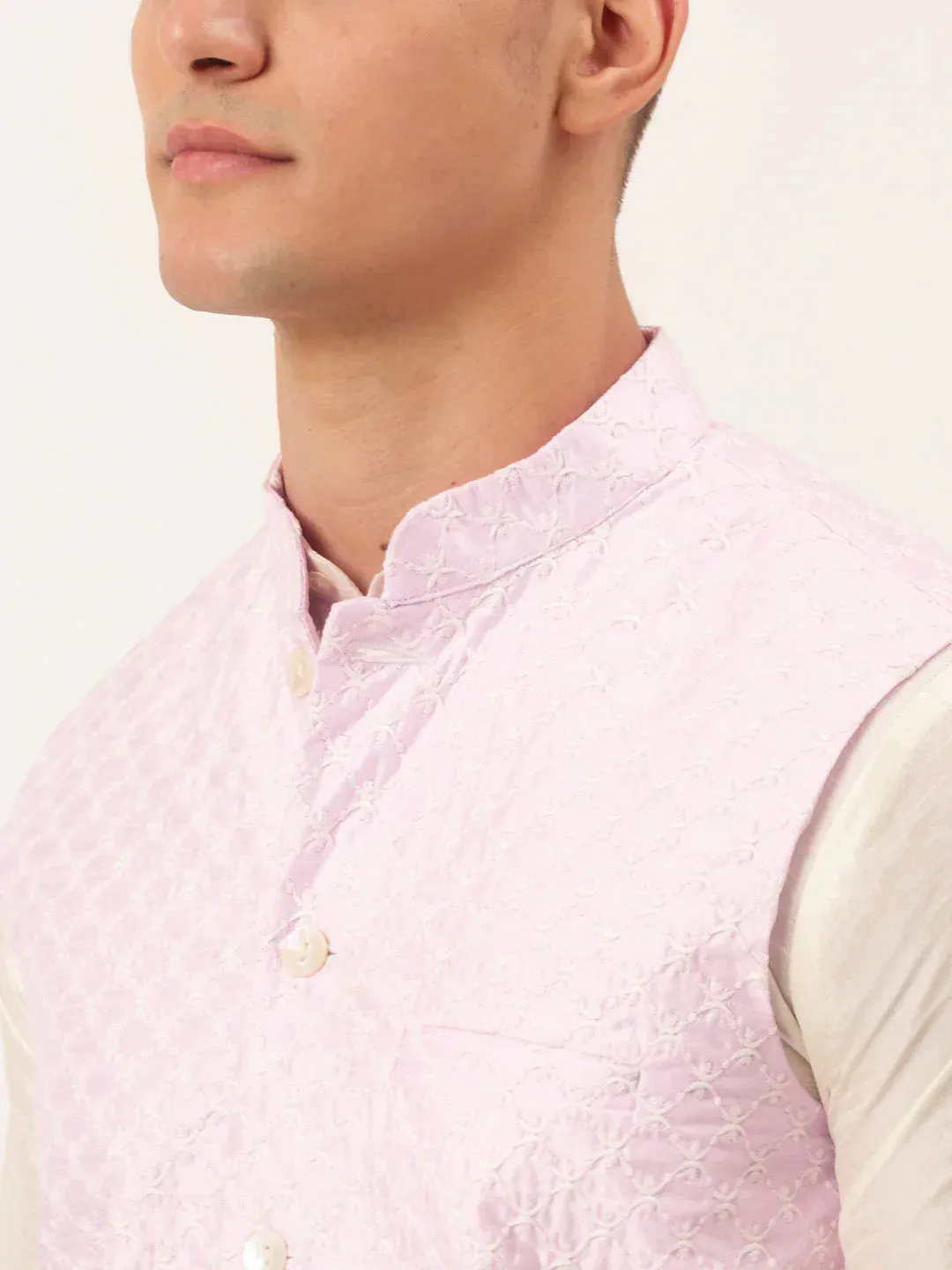 Men'S Pink Pink And White Embroidered Nehru Jacket