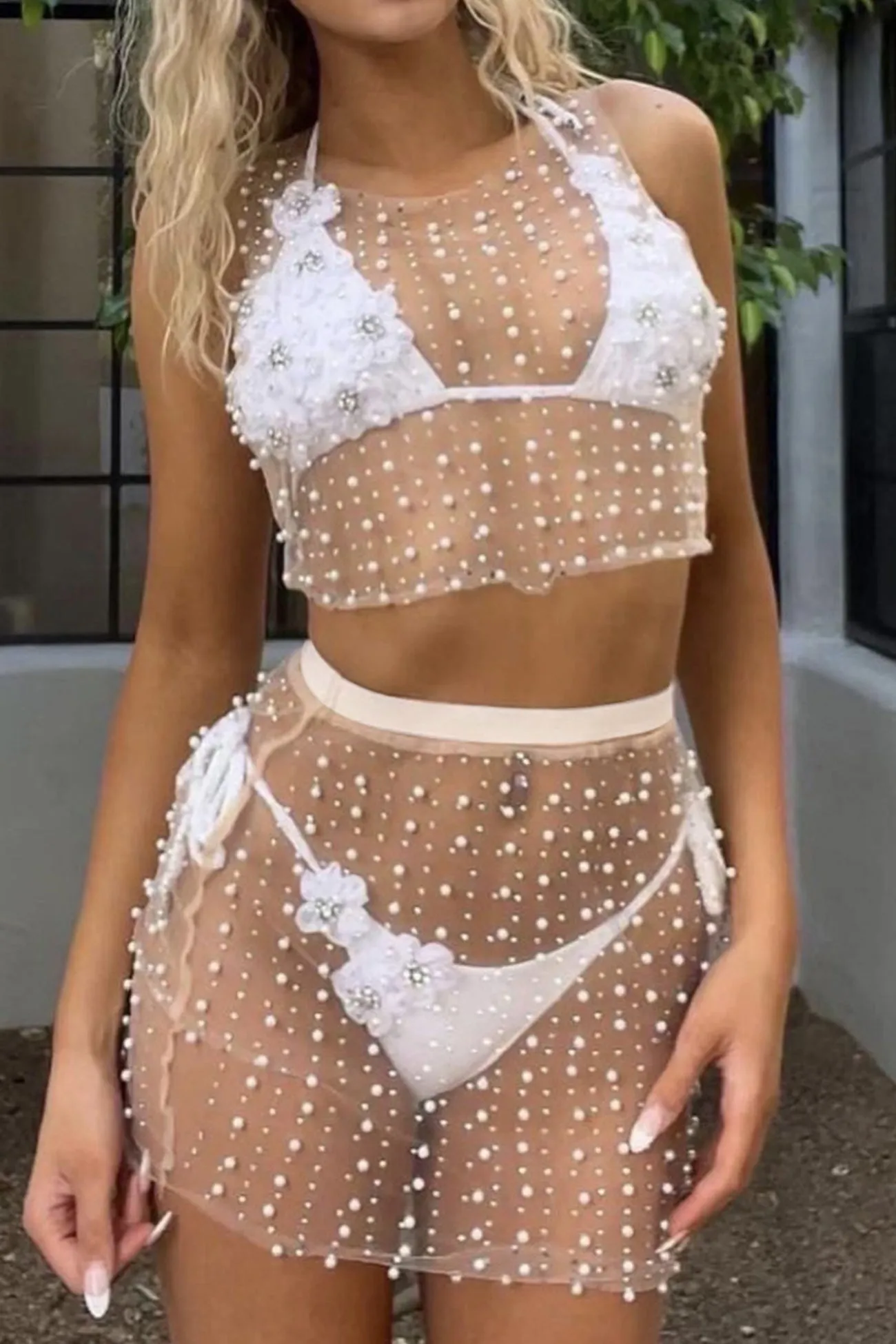 Mesh Full Pearl Tank Crop Top Mini Skirt Suits