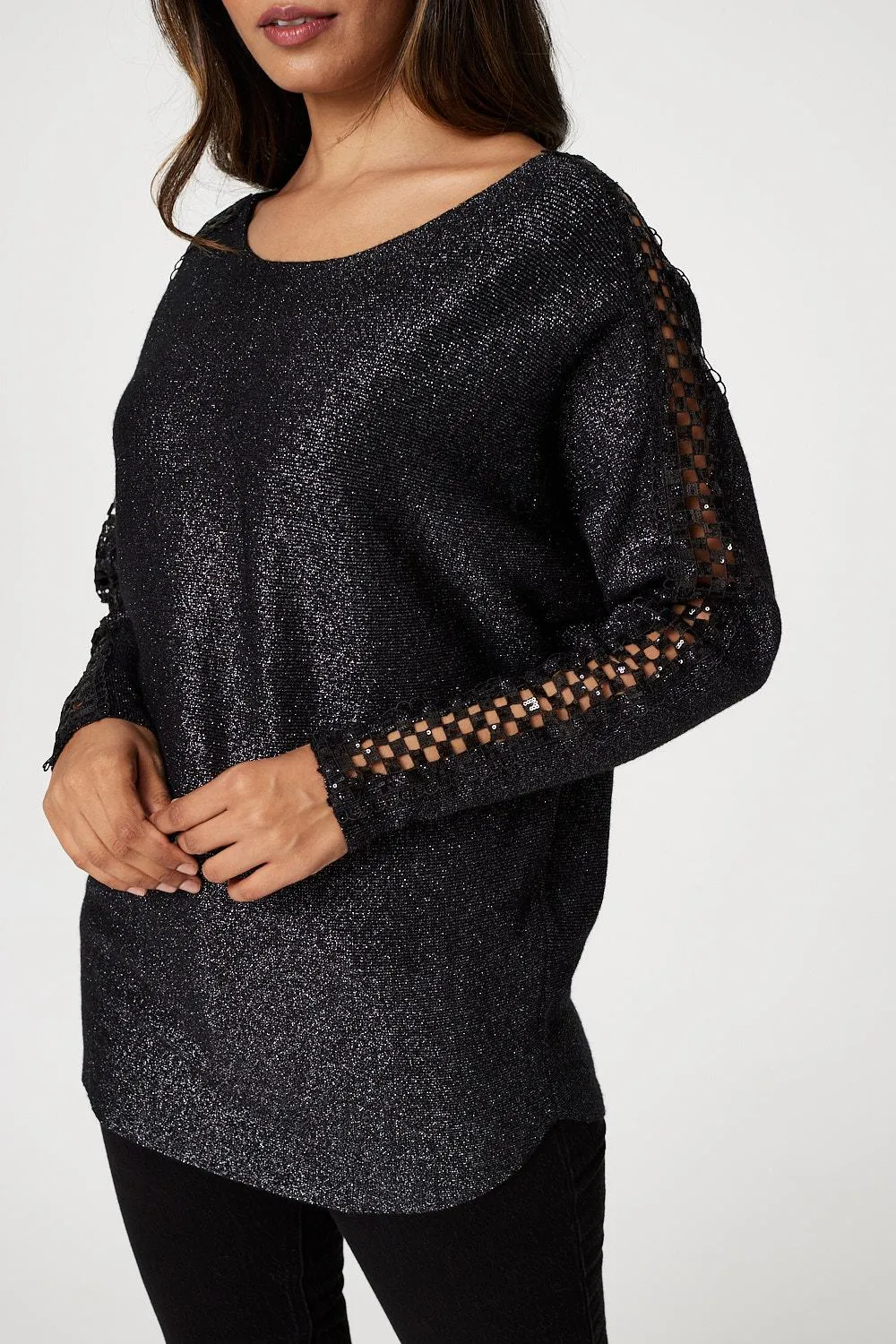 Metallic Lace Sleeve Knit Pullover