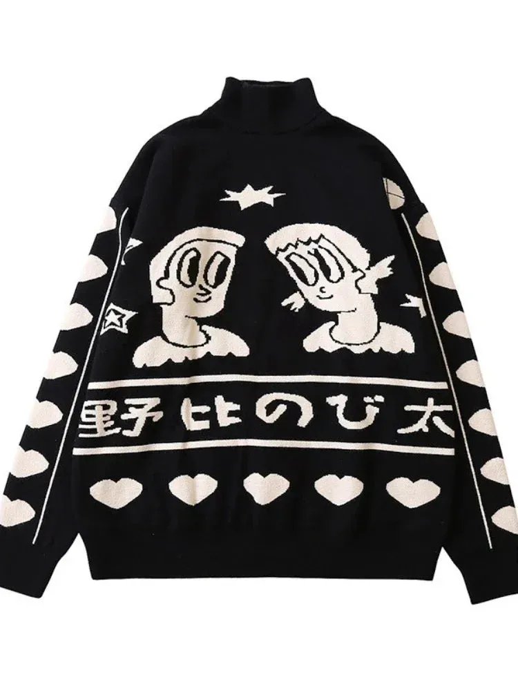 Metaversmall Women's Cartoon Embroidery Knitted Sweaters And Pullovers Winter Thick Girls Knit Jumpe Harajuku Sweater Jacquard