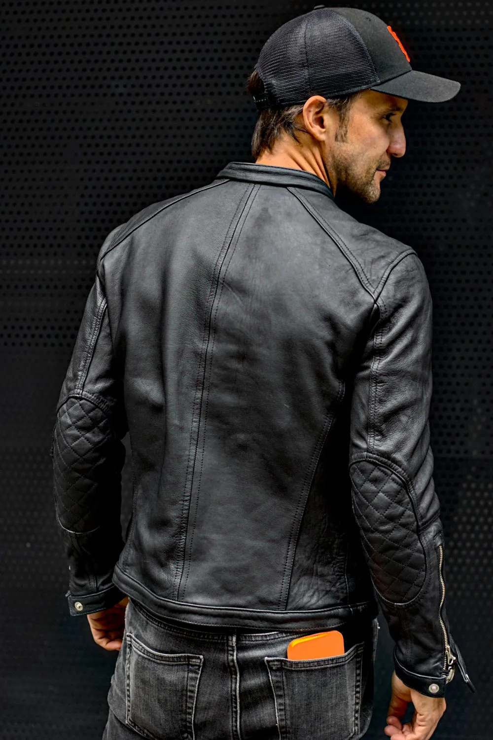 MI6 Leather Jacket - Black Double Cargo Pockets Stone-washed processed