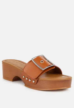 MIINDY Buckle Strap Leather Slip Ons in Tan