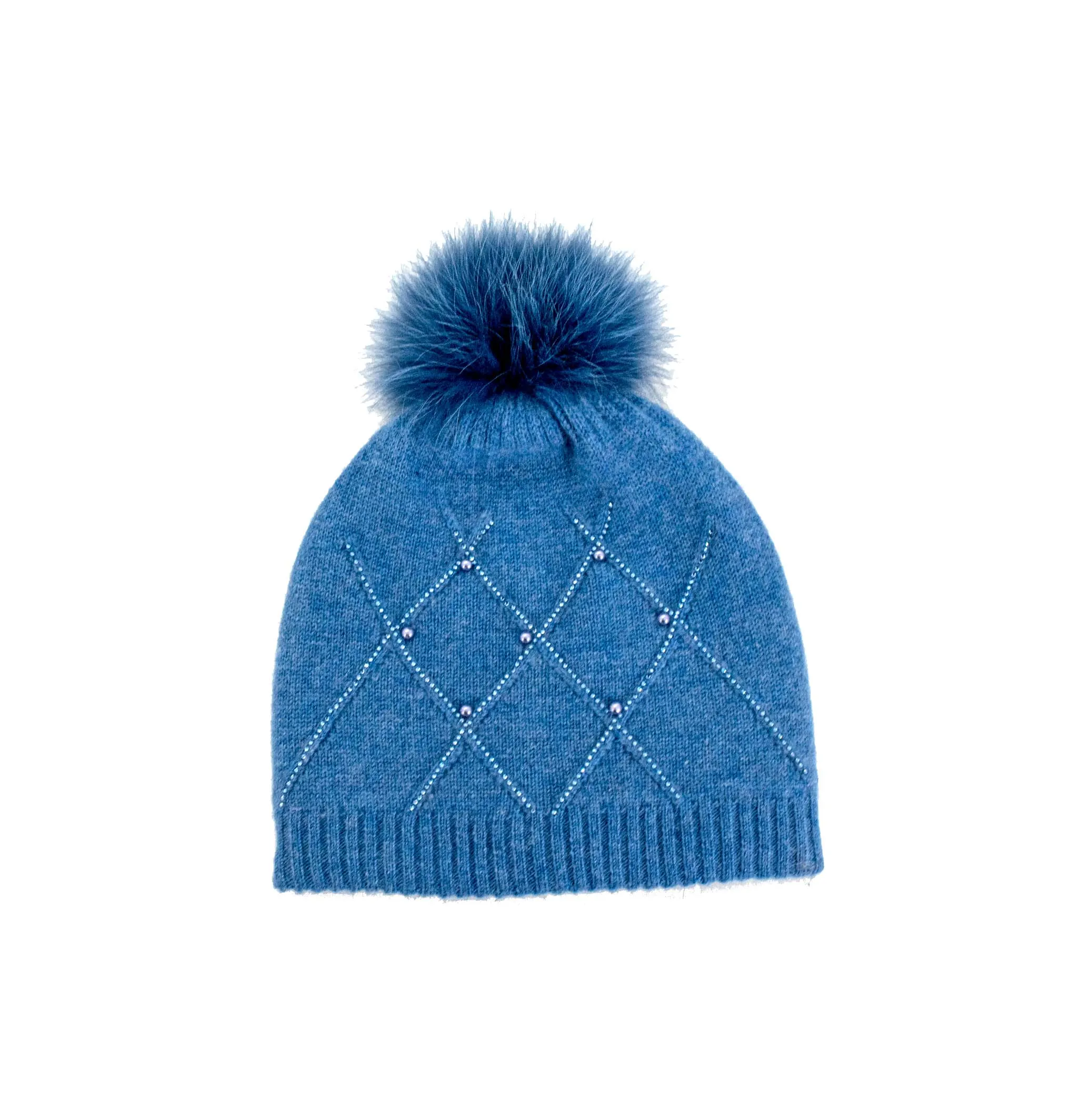 Mitchie's | Knitted Hat with Diamond Weave Crystals and Fox Fur Pom