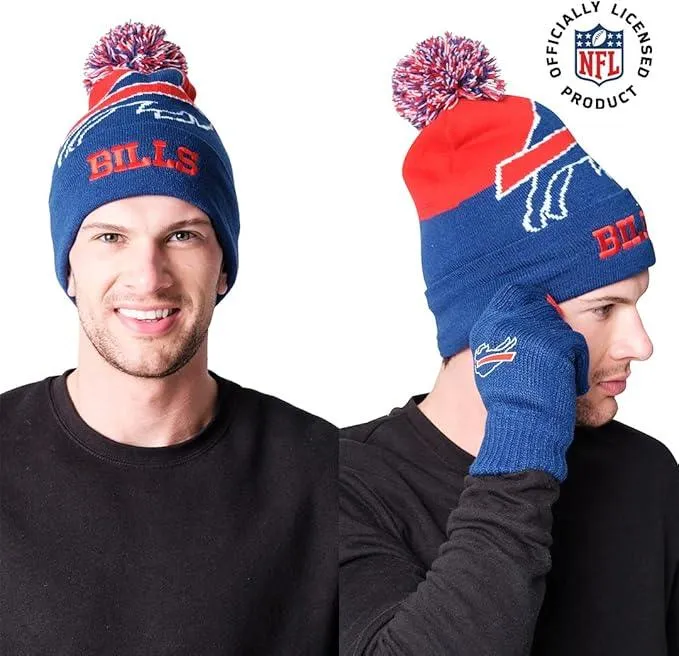 NFL Official Adults Unisex Super Soft Winter Beanie Knit Hat With Extra Warm Touch Screen Gloves|Buffalo Bills