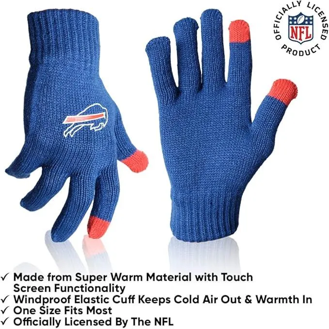 NFL Official Adults Unisex Super Soft Winter Beanie Knit Hat With Extra Warm Touch Screen Gloves|Buffalo Bills