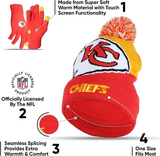 NFL Official Adults Unisex Super Soft Winter Beanie Knit Hat With Extra Warm Touch Screen Gloves|Kansas City Chiefs