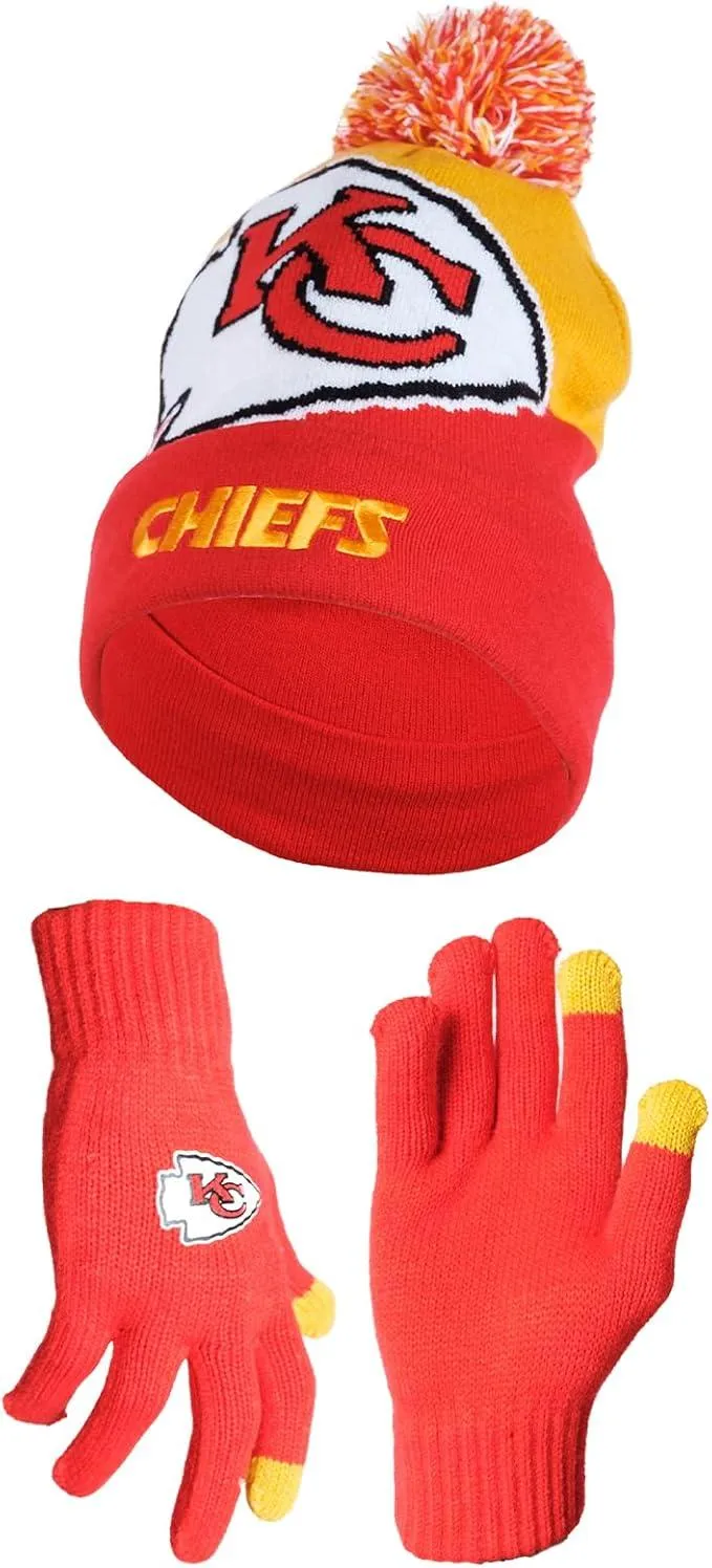 NFL Official Adults Unisex Super Soft Winter Beanie Knit Hat With Extra Warm Touch Screen Gloves|Kansas City Chiefs