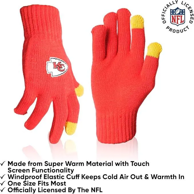 NFL Official Adults Unisex Super Soft Winter Beanie Knit Hat With Extra Warm Touch Screen Gloves|Kansas City Chiefs