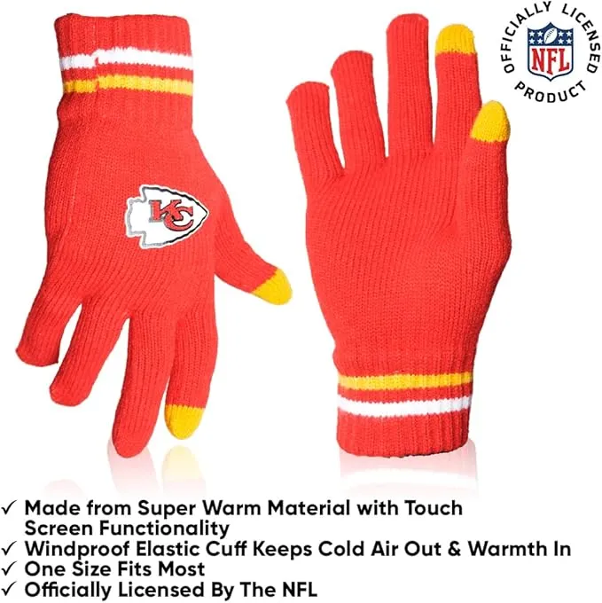 NFL Official Adults Unisex Super Soft Winter Beanie Knit Hat With Extra Warm Touch Screen Gloves|Kansas City Chiefs