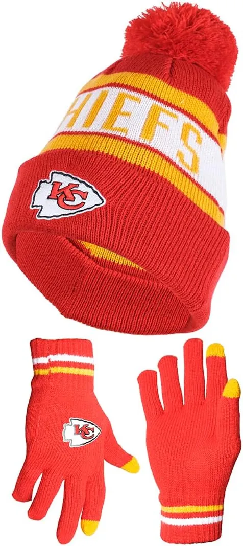 NFL Official Adults Unisex Super Soft Winter Beanie Knit Hat With Extra Warm Touch Screen Gloves|Kansas City Chiefs