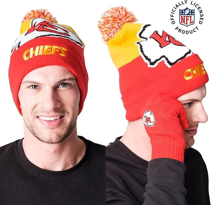 NFL Official Adults Unisex Super Soft Winter Beanie Knit Hat With Extra Warm Touch Screen Gloves|Kansas City Chiefs