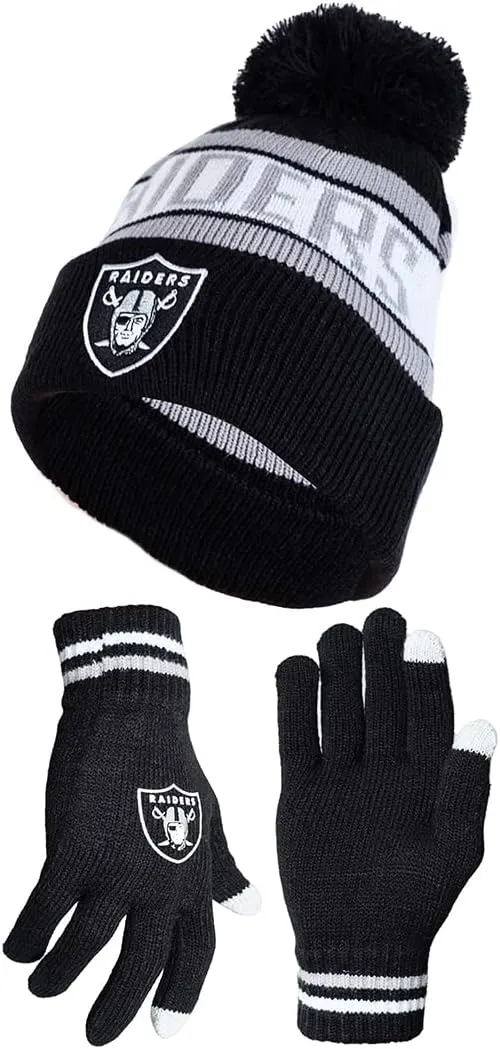 NFL Official Adults Unisex Super Soft Winter Beanie Knit Hat With Extra Warm Touch Screen Gloves|Las Vegas Raiders