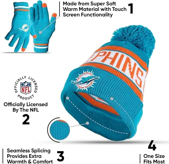 NFL Official Adults Unisex Super Soft Winter Beanie Knit Hat With Extra Warm Touch Screen Gloves|Miami Dolphins