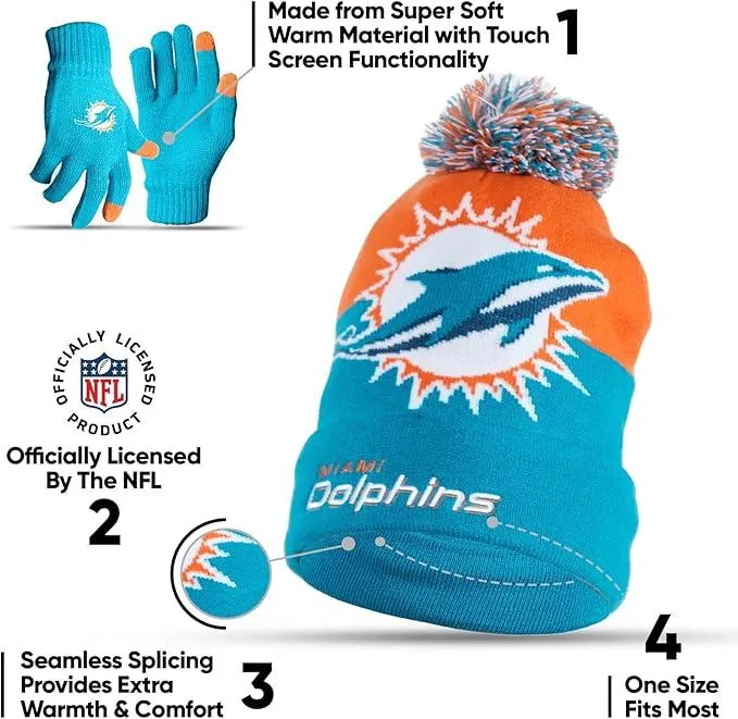 NFL Official Adults Unisex Super Soft Winter Beanie Knit Hat With Extra Warm Touch Screen Gloves|Miami Dolphins