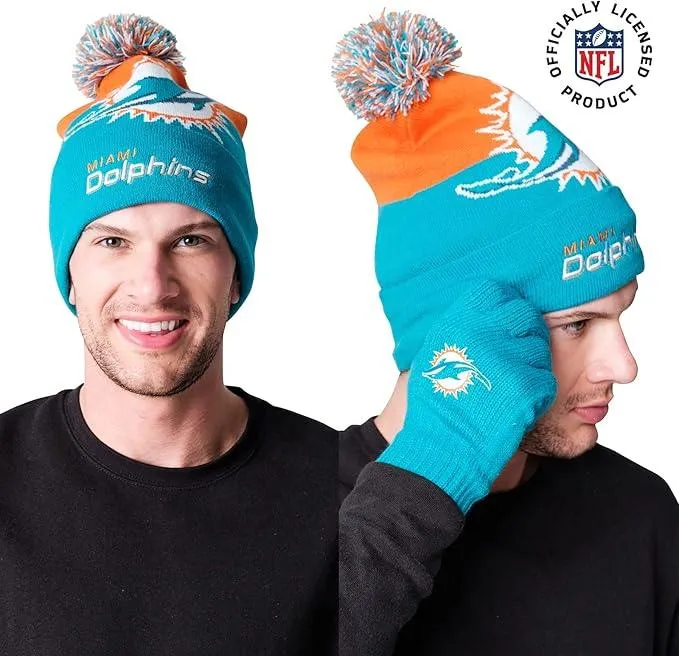 NFL Official Adults Unisex Super Soft Winter Beanie Knit Hat With Extra Warm Touch Screen Gloves|Miami Dolphins