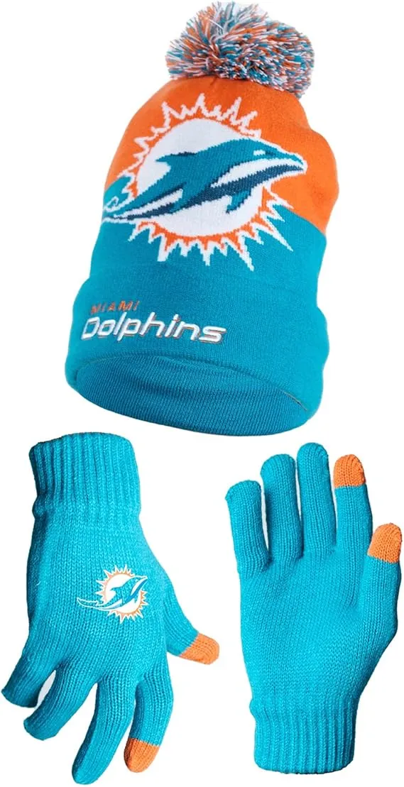 NFL Official Adults Unisex Super Soft Winter Beanie Knit Hat With Extra Warm Touch Screen Gloves|Miami Dolphins