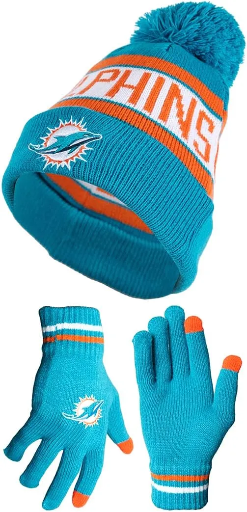 NFL Official Adults Unisex Super Soft Winter Beanie Knit Hat With Extra Warm Touch Screen Gloves|Miami Dolphins