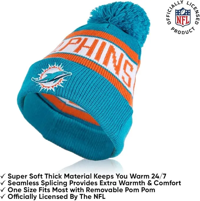 NFL Official Adults Unisex Super Soft Winter Beanie Knit Hat With Extra Warm Touch Screen Gloves|Miami Dolphins