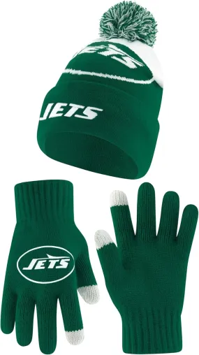 NFL Official Adults Unisex Super Soft Winter Beanie Knit Hat With Extra Warm Touch Screen Gloves|New York Jets