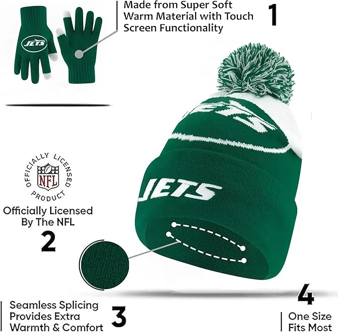 NFL Official Adults Unisex Super Soft Winter Beanie Knit Hat With Extra Warm Touch Screen Gloves|New York Jets