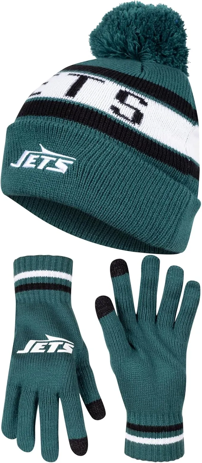 NFL Official Adults Unisex Super Soft Winter Beanie Knit Hat With Extra Warm Touch Screen Gloves|New York Jets