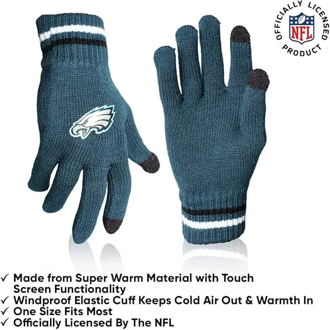 NFL Official Adults Unisex Super Soft Winter Beanie Knit Hat With Extra Warm Touch Screen Gloves|Philadelphia Eagles