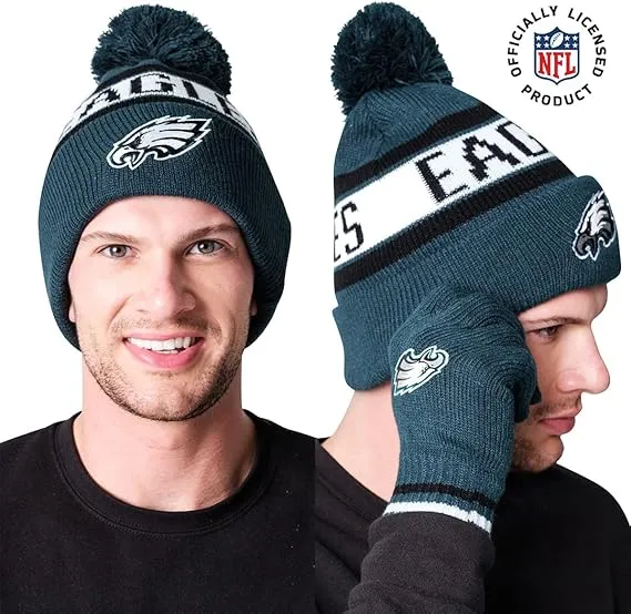 NFL Official Adults Unisex Super Soft Winter Beanie Knit Hat With Extra Warm Touch Screen Gloves|Philadelphia Eagles