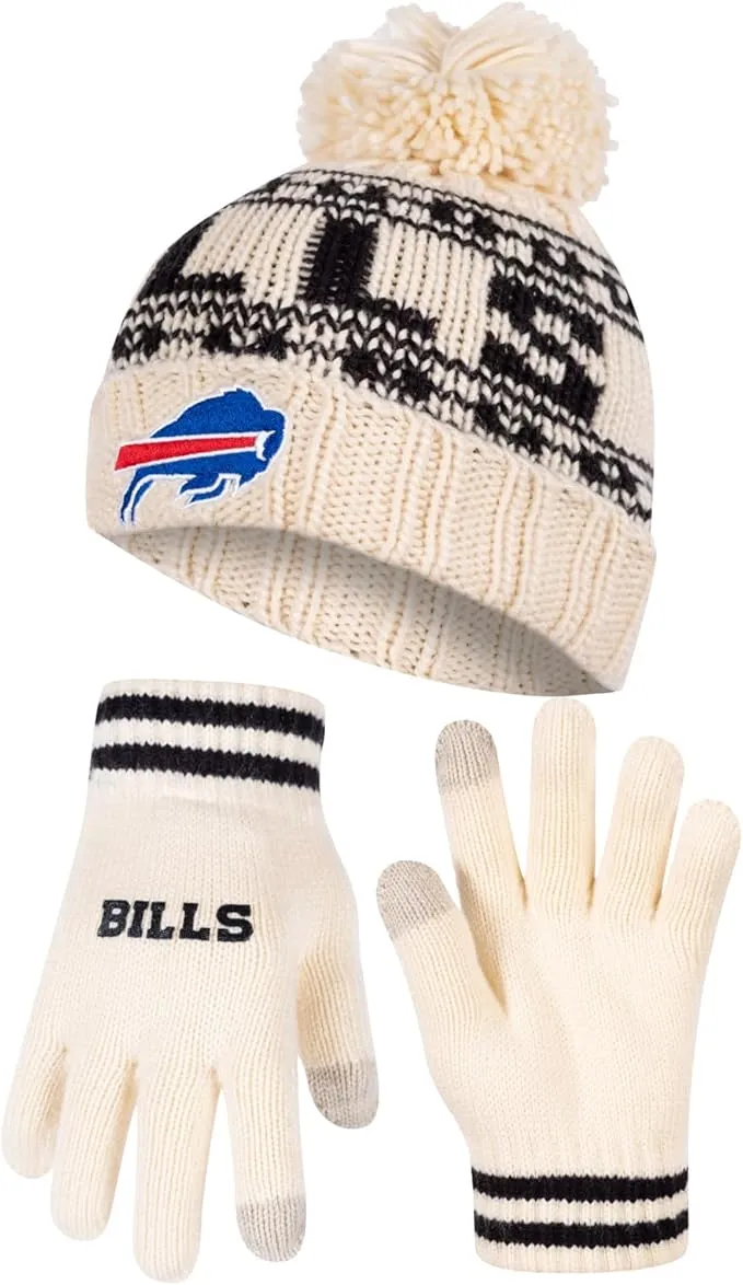 NFL Official Super Soft Cable Knit Winter Beanie Knit Hat with Extra Warm Touch Screen Gloves|Buffalo Bills