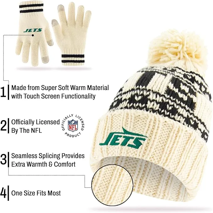 NFL Official Super Soft Cable Knit Winter Beanie Knit Hat with Extra Warm Touch Screen Gloves|New York Jets