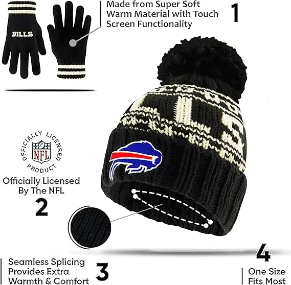 NFL Official Youth Super Soft Cable Knit Winter Beanie Knit Hat with Extra Warm Touch Screen Gloves|Buffalo Bills