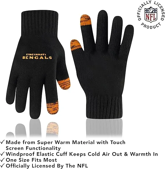 NFL Official Youth Super Soft Two Tone Winter Beanie Knit Hat with Extra Warm Touch Screen Gloves|Cincinnati Bengals