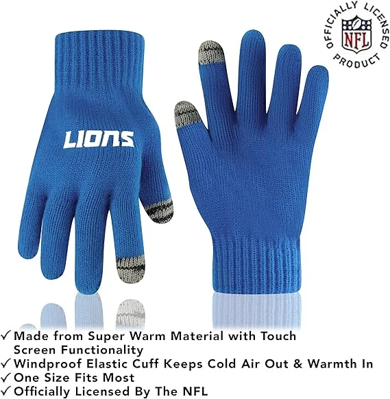 NFL Official Youth Super Soft Two Tone Winter Beanie Knit Hat with Extra Warm Touch Screen Gloves|Detroit Lions