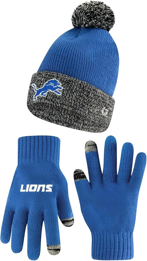 NFL Official Youth Super Soft Two Tone Winter Beanie Knit Hat with Extra Warm Touch Screen Gloves|Detroit Lions