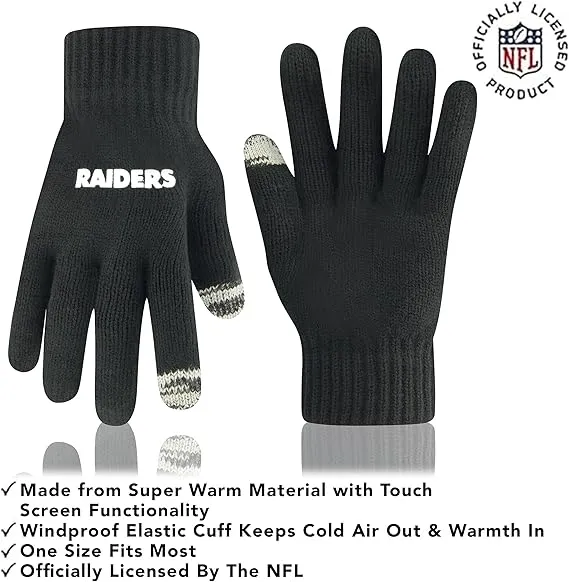 NFL Official Youth Super Soft Two Tone Winter Beanie Knit Hat with Extra Warm Touch Screen Gloves|Las Vegas Raiders