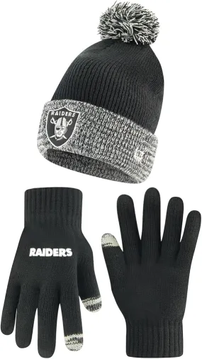 NFL Official Youth Super Soft Two Tone Winter Beanie Knit Hat with Extra Warm Touch Screen Gloves|Las Vegas Raiders