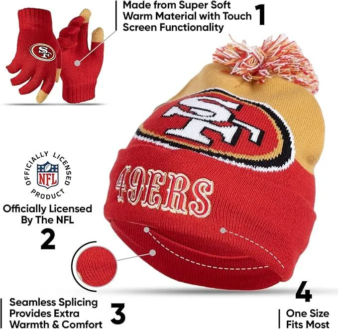 NFL Official Youth Super Soft Winter Beanie Knit Hat With Extra Warm Touch Screen Gloves| San Francisco 49ers