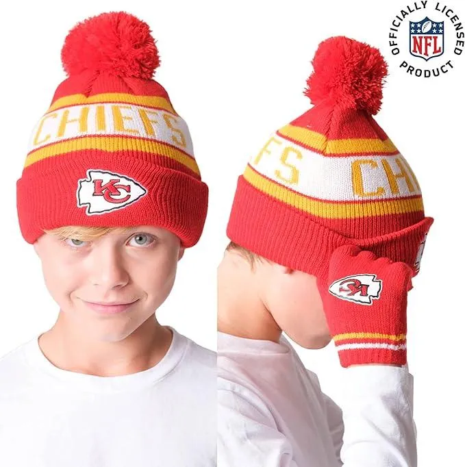 NFL Official Youth Super Soft Winter Beanie Knit Hat With Extra Warm Touch Screen Gloves|Kansas City Chiefs