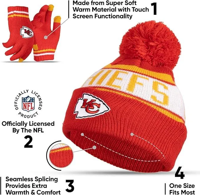 NFL Official Youth Super Soft Winter Beanie Knit Hat With Extra Warm Touch Screen Gloves|Kansas City Chiefs