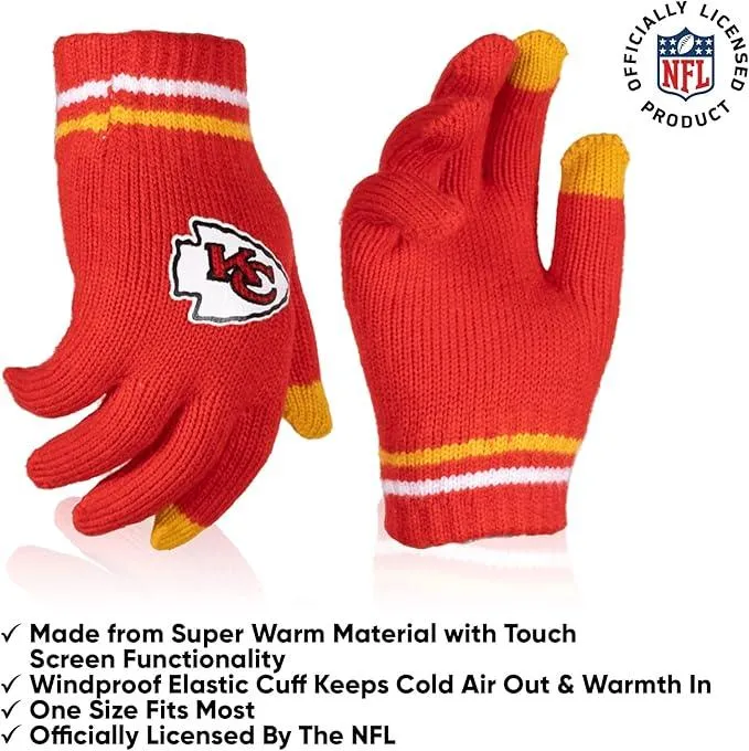 NFL Official Youth Super Soft Winter Beanie Knit Hat With Extra Warm Touch Screen Gloves|Kansas City Chiefs