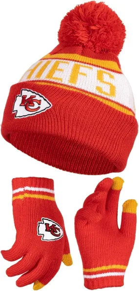 NFL Official Youth Super Soft Winter Beanie Knit Hat With Extra Warm Touch Screen Gloves|Kansas City Chiefs