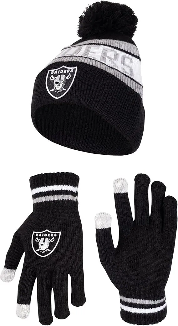 NFL Official Youth Super Soft Winter Beanie Knit Hat With Extra Warm Touch Screen Gloves|Las Vegas Raiders