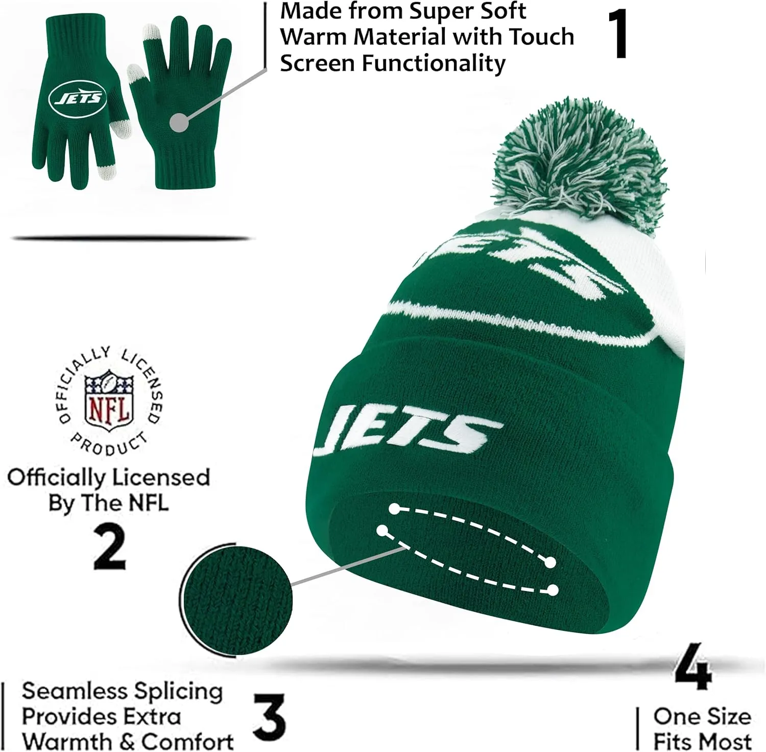 NFL Official Youth Super Soft Winter Beanie Knit Hat With Extra Warm Touch Screen Gloves|New York Jets