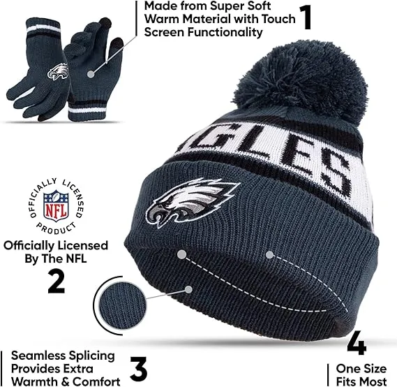 NFL Official Youth Super Soft Winter Beanie Knit Hat With Extra Warm Touch Screen Gloves|Philadelphia Eagles